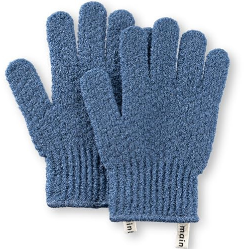 MainBasics Deep Exfoliating Bath Gloves - Heavy-Textured Nylon Shower Scrub for Dead Skin Removal - Machine Washable (1 Pair, Pigeon Blue)