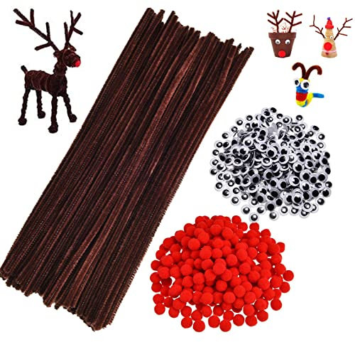 400 Stück Pfeifenputzer Bunt zum Basteln, Chenilledraht, Rot Mini Pompons und Kulleraugen, DIY Pfeifenreiniger Basteln für Dekorationen Kreative Schulprojekte, Weihnachten Handgemacht
