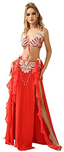 ROYAL SMEELA Belly Dance Set for Women Belly Dancing Outfits Ladies Belly Dance Clothes Women's Belly Dance Costumes Bellydance Performance Outfit Belly Dancing wear Belly Dance Bra Belt Skirt Red