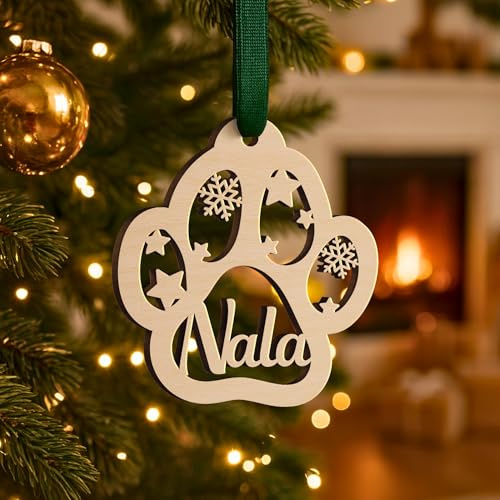 Personalisierte Tannenbaum Anhänger - Christbaumkugel Weihnachtspfote mit Namen personalisiert für Tiere - Weihnachtsbaumschmuck Holz Buche - Baumschmuck Deko Weihnachten (Pfote)