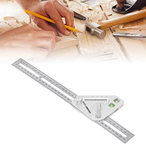 Triangle Ruler with Bubble Level, Silver Combination Square, Woodworking Flexible Triangle Ruler, Adjustable Resistance Level Measuring Tool for Engineer