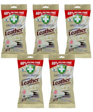 Value Pack of 5 Packs of Greenshield Care & Protect Conditioning Leather Surface Wipes (70 Wipes per pack) 350 Wipes Total Pack