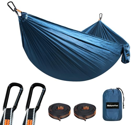 NTUREFUN Amaca da Campeggio da Viaggio Ultraleggera | Capacità di Carico 300kg,(275 x140 cm) Traspirante,Nylon da Paracadute ad Asciugatura Rapida | 2 x Moschettoni, 2 x Corde in Nylon Incluse