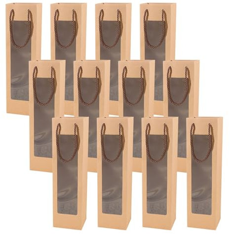 CLKE 12 Stück Flaschentasche, Geschenktüten Flaschen, Weinflaschenbeutel aus Kraftpapier, Flaschentüten mit Hebeseil,Weinflaschen Verpackung mit Öffnungsfenster, für Hochzeit, Party