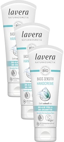 lavera basis sensitiv Handcreme - mit Bio-Aloe Vera & Bio-Sheabutter - zieht schnell ein - langanhaltende Feuchtigkeit - intensive Pflege - Naturkosmetik - vegan - Bio (1 x 75 ml) (Packung mit 3)