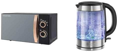 Russell Hobbs RHM1727RG 17 Litre 700 W Rose Gold Solo Microwave with 5 Power Levels, 30 Minute Timer & Illuminating 1.7L Electric Cordless Glass Kettle with black/brushed stainless steel accents