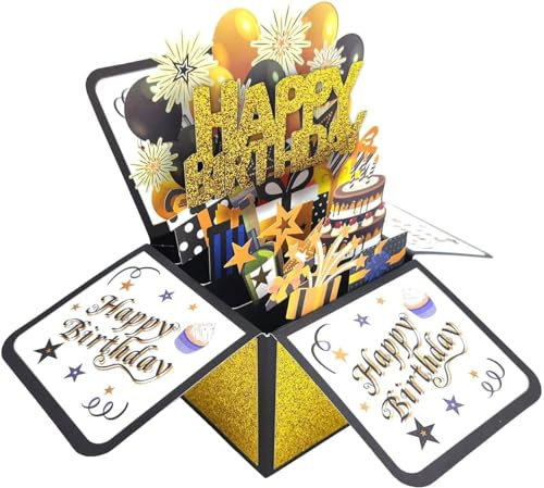 3D Geburtstagskarte, Pop Up Karte Geburtstag mit Umschlag Happy Birthday Karte 3D, lustige Geburtstagsgeschenke für Kinder Mama Papa Frauen Männer Freunden Kollegen (Gold)