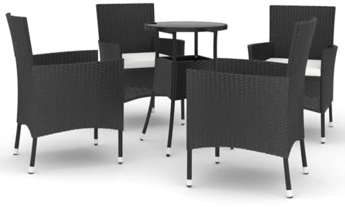 Makastle Bistroset 5-teilig, Balkonset Gartengarnitur mit Kissen, Outdoor Sitzgruppe für 4 Personen, Bistrotisch mit Gartenstühle, Gartenmöbel für Balkon, Schwarz Poly Rattan