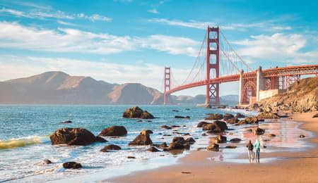Acryl-Bild 120 x 70 cm: Klassischer Panoramablick auf die berühmte Golden Gate Bridge vom malerischen Baker Beach aus im wunderschönen goldenen (100199077)