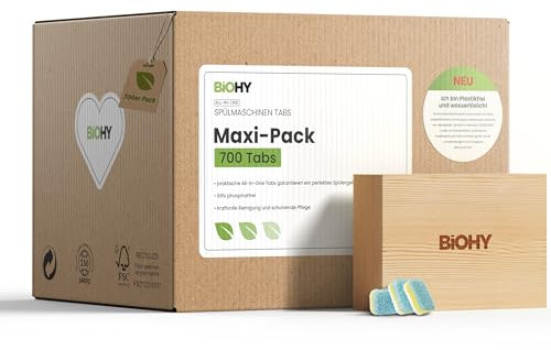 BiOHY All-in-One Spülmaschinen Tabs (700 Tabs) | Phosphatfrei |Für die tägliche Reinigung von Geschirr & Besteck | Gegen hartnäckigste Fett- & Essensreste | Kraftvolle Öko Geschirrspültabs
