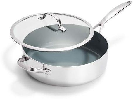 GreenPan Valencia Pro Tri-Ply Stainless Steel 5QT Sauté Pan with Lid, PFAS-Free Ceramic Nonstick Coating, Induction Ready Cookware, All Cooktops, Deep Jumbo Cooker, Dishwasher & Oven Safe to 600F