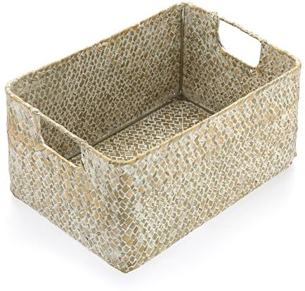 IGNPION Canasta de almacenamiento de hierba marina tejida rectangular para escritorio, caja organizadora de almacenamiento para baño, estantes y escritorios, cesta de almacenamiento multiusos