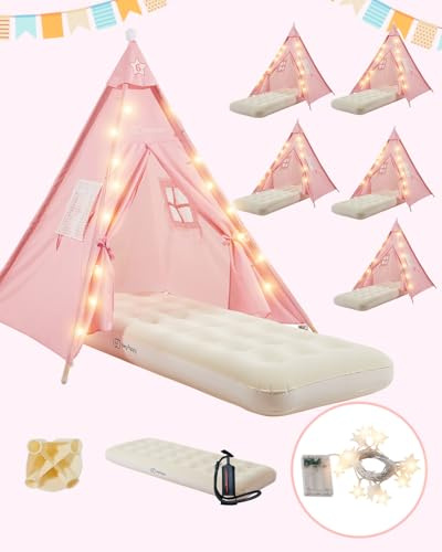 Heypappy 6 Pack Teepee Tent for Kids with Inflatable Airbed, Light, Toddler Tent Children Room Tents, Slumber Party Sleepover Tents, Indoor Outdoor Kids Playtent Playhouse for Girls & Boys