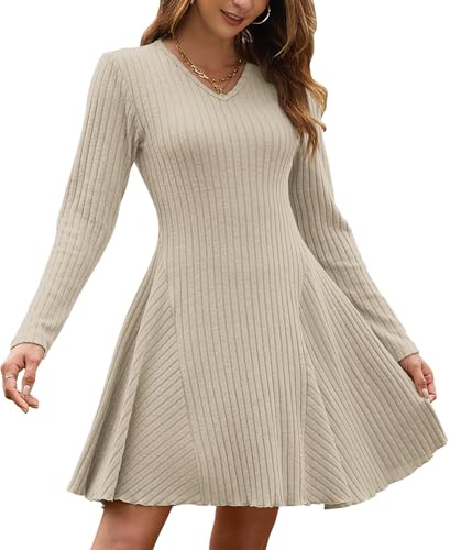AUSELILY Vestidos Mujer 2024 Cuello en V Ligero Punto Vestido OtoñO Invierno Manga Larga Dress Casuales Albaricoque 2XL