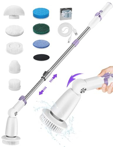 Electric Spin Scrubber Brush Cordless Shower Scrubber with Long Handle, 8 Brush Heads & 3 Adjustable Angles, Dual Speed Electric Scrubber for Cleaning, Automatic Cleaning Brush for Bathroom Tub Tile