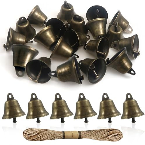 TOAOB 20 Stück Bronze Glöckchen zum Basteln Vintage Glocken 22 mm Metallglöckchen Mit 1 Rollen Hanfseil für Windspiele Machen Handwerk Urlaubsdekoration Weihnachtsglocken Haustierglocken