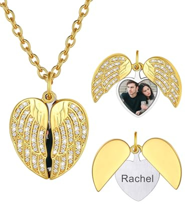 U7 Damen Halskette Medaillon zum Öffnen für Bilder Herz Anhänger mit Engelsflügel/Rose/Schmetterling Kupfer Fotokette mit Gravur Locket Memorial Fotoanhänger Personalisiert Modeschmuck für Geburtstag