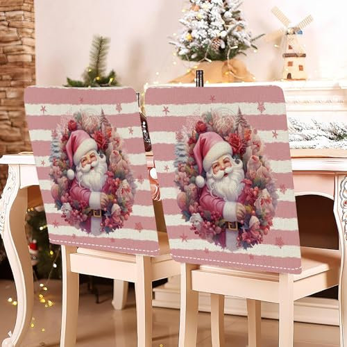 Hiseng Weihnachten Stuhlhussen Rosa Stuhlrückenbezug 2/4/6/8er Set, 58x49cm Schutzhülle Baumwoll-Leinen Weihnachten Dekoration für Esszimmerstühle, Party (6er Set,Alter Mann)