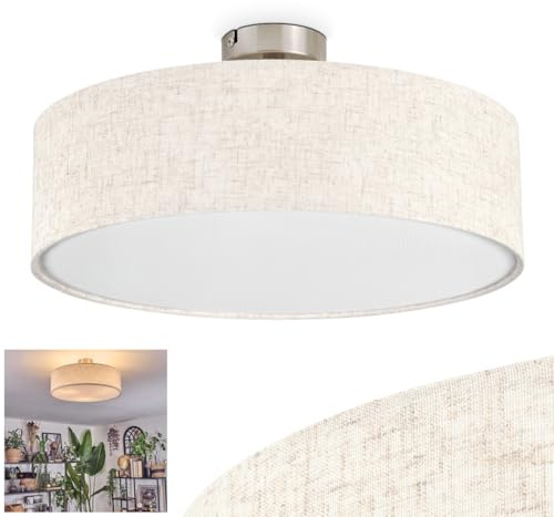 HOFSTEIN Deckenleuchte Foggia, Deckenlampe aus Metall/Kunstleinen/Kunststoff in Nickel-matt/Natur/Beige/Weiß, moderne Leuchte (Ø 40cm), E27, Esszimmer, Wohnzimmer, Schlafzimmer, Küche, Flur