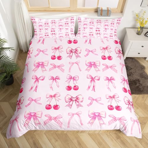 Homewish Pink Cherry Bow Duvet Cover Set Cute Silk Ribbon Bowknot Single Bedding Sets for Girls,Princess Bow Tie Comforter Cover Dreamy Kawaii Bed Set,Girly Light Pink Room Decor Aesthetic