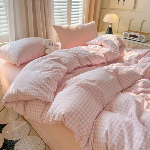 Covebett Housse de Couette 140x200 à Carreaux Vichy Rose et Blanc Moderne Parure de Lit Adulte 1 Personne Housse Couette en Microfibre Linge de lit avec Fermeture Éclair et 1 Taies d'oreiller 65x65cm
