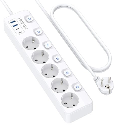 5 Fach Steckdosenleiste einzeln schaltbar, USB Steckdosenleiste 2m Kabel