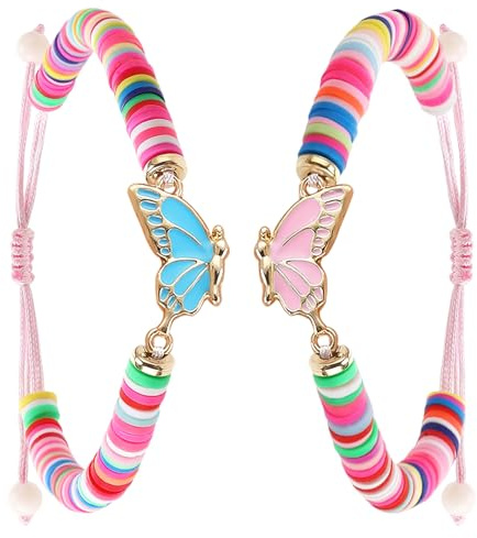 ViEinkaufen 2 Pcs Friendship Bracelet Kids, Matching Butterfly Bff Bracelets Adjustable Gifts for Kids, Girls, Sisters, Best Friends (Blue/Pink)