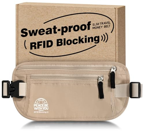 Hidden Money Belt for Travel, RFID Blocking, Sweat-Proof, Heavy-Duty Buckle, 3rd Gen Waist Wallet Anti Theft to Protect Cash, Credit Cards and Documents Under-Clothes for Men & Women, Beige