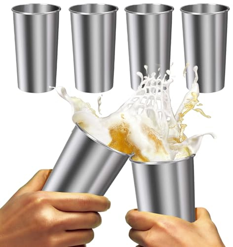 Générique Tasses en acier inoxydable - Glass | Pack de verre métallique réutilisable | 600 ml de gobelets empilables incassables verres pour les et les adultes tasses en plastique sans BPA pour