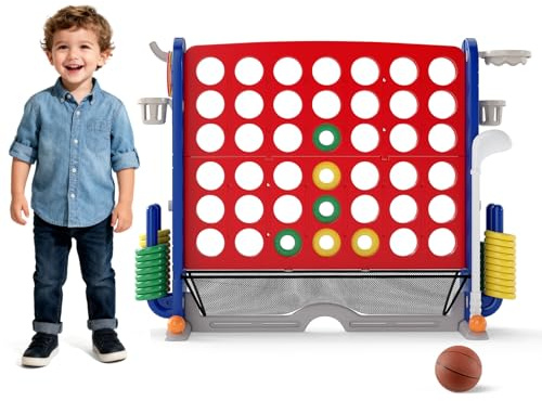 COSTWAY 4 in 1 Vier Gewinnt groß, Jumbo 4 Gewinnt mit Ringwurf, Basketballkorb & Golfspiel, Vier in Einer Reihe Spiel XXL inkl. Getränkehalter, Netzfach & Tragetasche, für Kinder & Erwachsene (Rot)