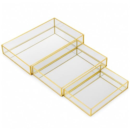 SUNNYNEST Gold Mirror Tray Set of 3, Decorative Vanity Perfume Tray with Glass Mirror Base, Jewelry & Makeup Organizer for Bathroom Counter, Dresser & Vanity Vintage Metal Display Tray (3 Sizes)