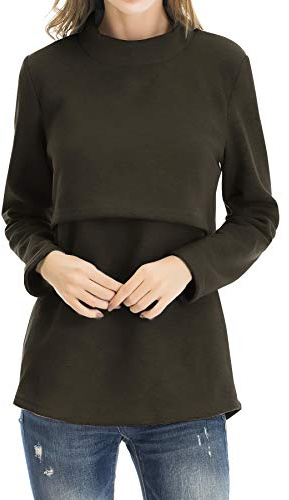 Smallshow Fleece Nursing Tops Women’s Winter Long Sleeve Breastfeeding Clothes M Army Green