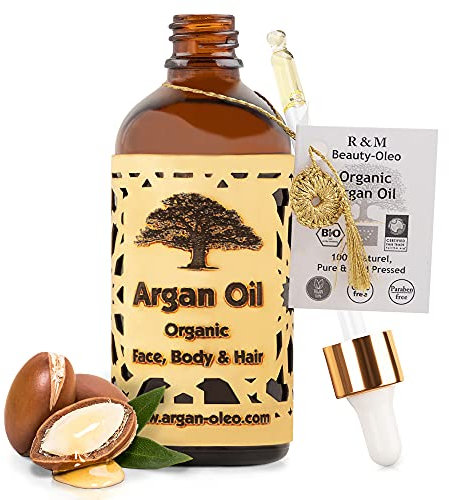 SEHR GUT IM TEST - R&M Beauty-Oleo Bio Argan-Öl aus Marokko - Fair Trade - Haare, Gesicht, Nägel - Pflege-Serum gegen Pickel - Naturkosmetik 100 ml