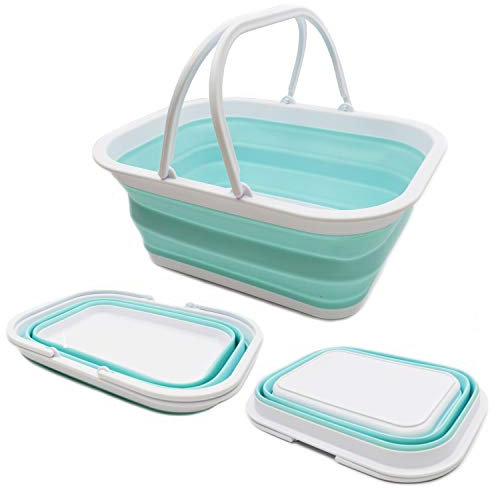Sammart 15,5 l Faltbare Wanne mit Griff – tragbarer Picknickkorb/-Krater – Faltbare Einkaufstasche – platzsparende Aufbewahrungsbox (Weiß/Seegrün)
