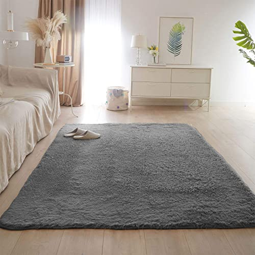 CHBIN Langflor 200x220cm Hochflor Teppich Super Weich Teppich Küchenteppich rutschfeste Unterseite Weiche für Wohnzimmer Kinderzimmer Schlafzimmer Flur Läufer, Hellgrau