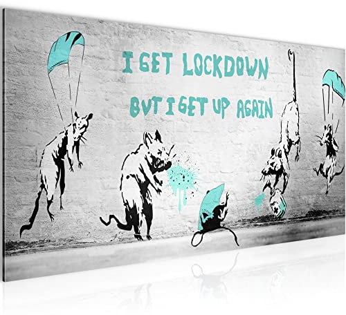 Runa Art Wandbild Banksy Style Masken Lockdown 1 Teilig 100 x 40 cm Modern Bild auf Vlies Leinwand Street Art Loft Wohnzimmer Schwarz Weiss Türkis 041012c