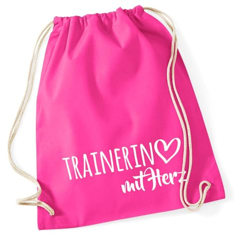 Huuraa Turnbeutel Trainerin mit Herz Geschenk | Sportbeutel 12 Liter Fuchsia Baumwolle Pinker Rucksack Geschenkidee Unisex Beutel mit Kordelzug Baumwollbeutel