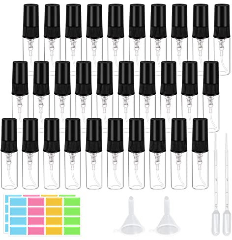 suruikei 30 Stück 3ml Parfümzerstäuber Glas, Mini Sprühflasche klein Zerstäuber Nachfüllbar mit Trichter Pipetten und Etikettenaufkleber, Parfüm Zerstäuber für Unterwegs (30 x 3ml)