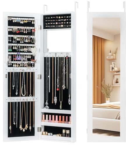 COSTWAY Full Length Mirror Jewelry Cabinet, Wall Door Mounted with Makeup Mirror, Ring Slots & Necklace Hooks, Large Storage Jewelry Armoire for Bedroom, Dressing Room (White)