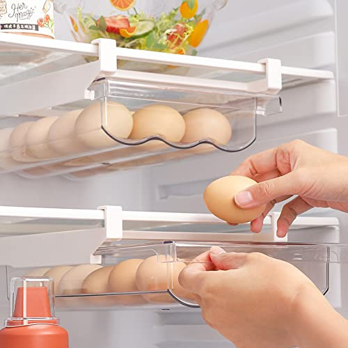 RANJIMA Organizador Frigorifico Transparente, Huevera para Refrigerador 21 Huevos, Bandeja para Huevos Transparente con Riel Deslizante Mango Cajón Porta Huevos para Cocina Frigorífico Panadería