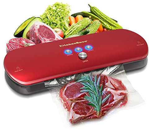KitchenBoss Envasadora Al Vacio Profesional Domestica, Maquina Selladora Automática Para Alimentos Secos, Incluye 5 Bolsas Rojo