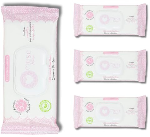 MUSC INTIME La Marque Officielle - Lot de 3+1 offert - Lingettes Intimes - Musc Blanc - L'Irrésistible - Nettoie & Parfume En Douceur Les Parties Intimes - 98% Ingrédients Naturels- 4 x 30 unités
