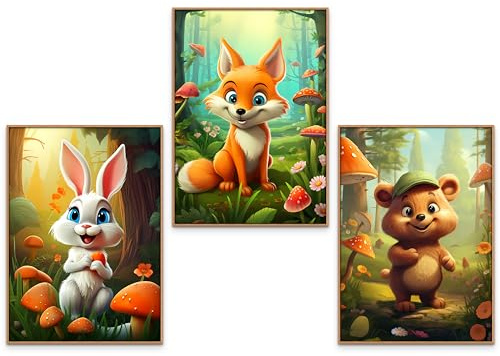 GrowArt - set unique de 3 posters pour enfants avec un renard, un lapin et un ours en peluche au format A3 sans cadre | impression photo de haute qualité | décoration murale charmante pour les enfants