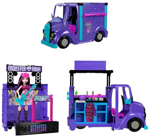 Monster High Draculaura-Puppe und Spielset, Fangtastic Food-Truck mit ausklappbarer Bühne und über 13 passenden Küchen- und Musikzubehörteilen, HXH83