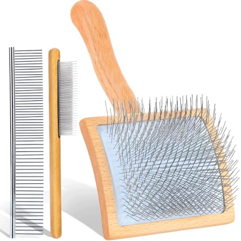 COZYGIFT Dog Slicker Brush for Dogs, Long Hair Doodle Brush, Wooden Dog Brush Grooming Tools for Cockapoo Poodles Goldendoodles, Labradoodles, Large Long Pins and Pet Comb, Wood