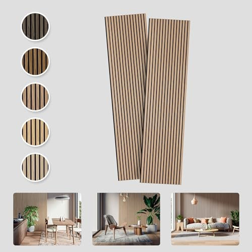 RIVERBANK Akustikpaneele, Schallabsorbierende Akustikholzwandpaneele 2400 x 600 mm, 2er-Set schalldichte Dekorpaneele mit Furnieroberfläche, 100% recycelter Akustikfilz (Geräucherte Eiche)