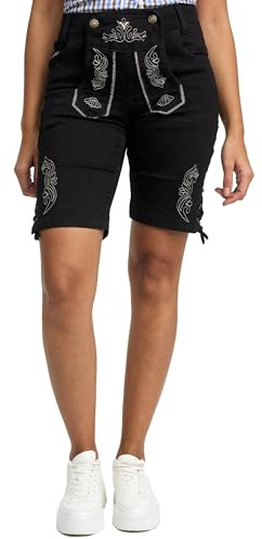 Steigenhöfer, jeans corti da donna in stile bavarese, pantaloni corti da donna, pantaloncini per Oktoberfest e altre festività, vestibilità comoda grazie all'inserto elasticizzato, Denim nero, L