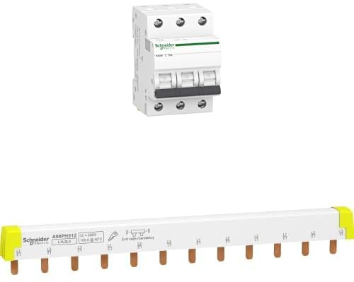 Bundle aus Schneider Electric A9K02316 Leitungsschutzschalter 1er Pack K60N 3P, 16A, C Charakteristik, 6kA + Schneider Electric A9XPH312 Phasenschiene Steg, ablängbar, 3P, 12 TE, 100A
