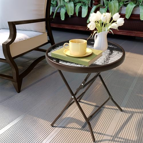 JOINHOM Mesa auxiliar para exteriores, mesa auxiliar de patio pequeña para todo tipo de clima, juegos de muebles de patio y muebles de exterior para piscina, balcón, terraza, porche, marrón