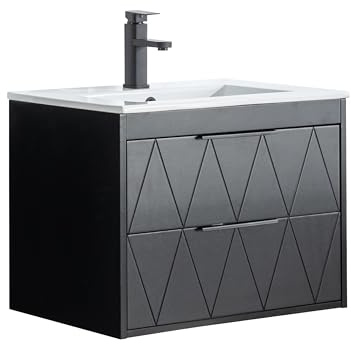 UEV Meuble sous Lavabo Suspendu 60cm, 60 x 45 x 46cm, Noir(avec Lavabo) | Lavabo en Céramique, Robinet, 2 Grands Tiroirs, Meuble Salle de Bain, Motif Ligne, Style Ligne Scandinave